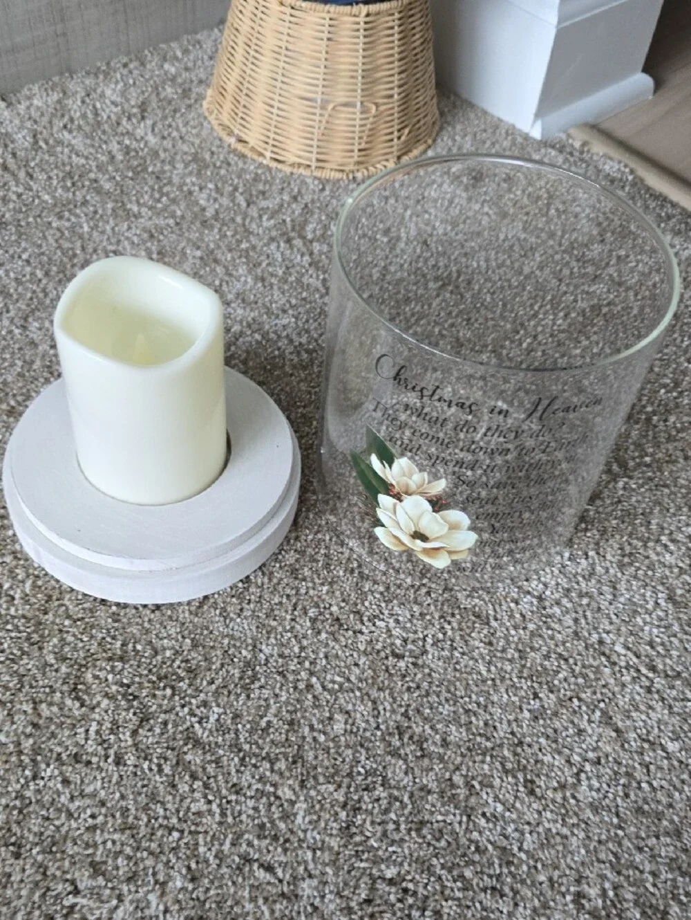 Glass Memorial Candle Holder with White Floral Design